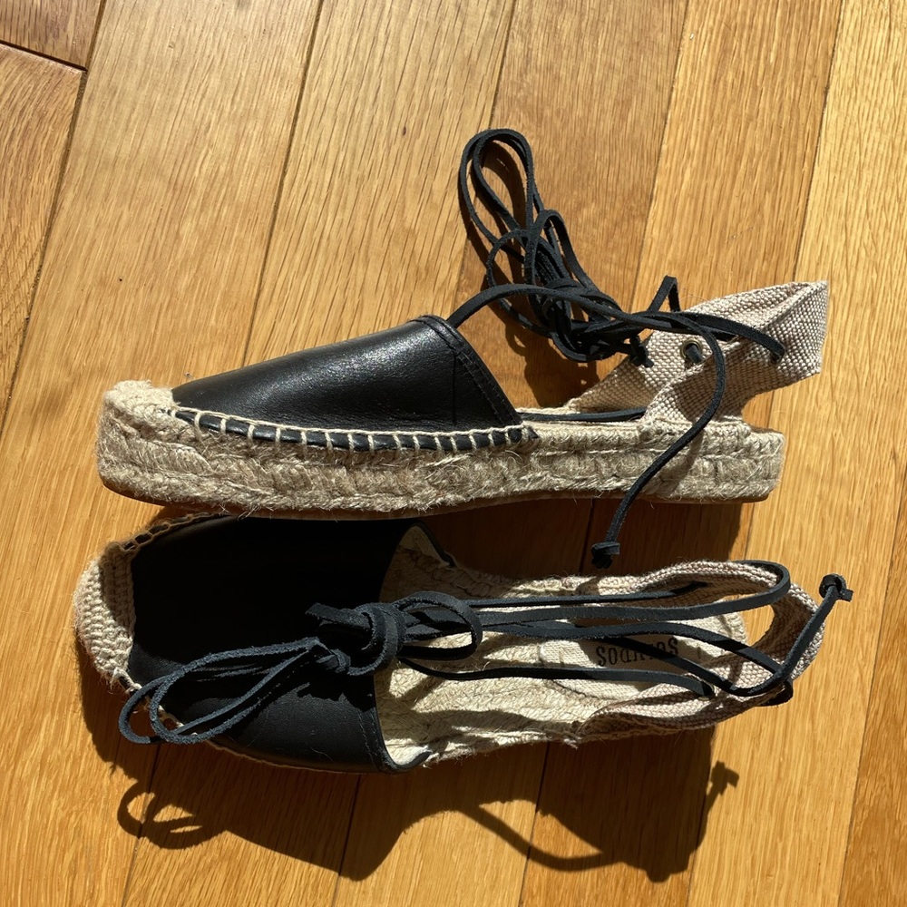 Soludos black leather ankle wrap espadrilles